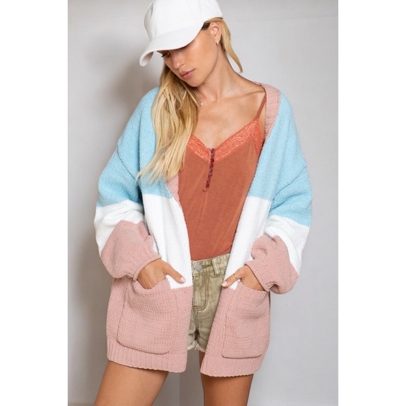 POL Blue & Pink Chenille Button Down Relaxed Fit Cardigan - Picture 3 of 8